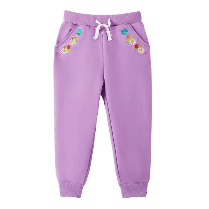 HILEELANG Toddler Girls（Age:12M-7Y) Cotton Joggers Sweatpants Floral Embroidery Drawstring Waist and Pockets-Purple Navy Blue Casual Athletic Pants for Kids