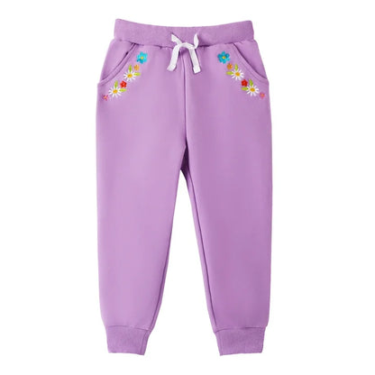 HILEELANG Toddler Girls（Age:12M-7Y) Cotton Joggers Sweatpants Floral Embroidery Drawstring Waist and Pockets-Purple Navy Blue Casual Athletic Pants for Kids