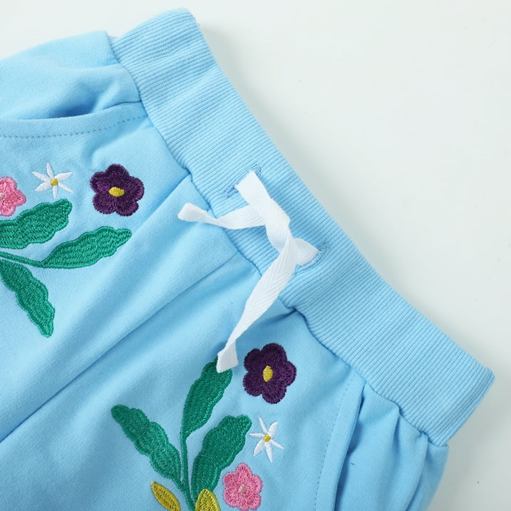 ILEELANG Toddler Girls（Age:12M-7Y) Cotton Joggers Sweatpants Floral Embroidery Drawstring Waist and Pockets-Pink Blue Casual Athletic Pants for Kids