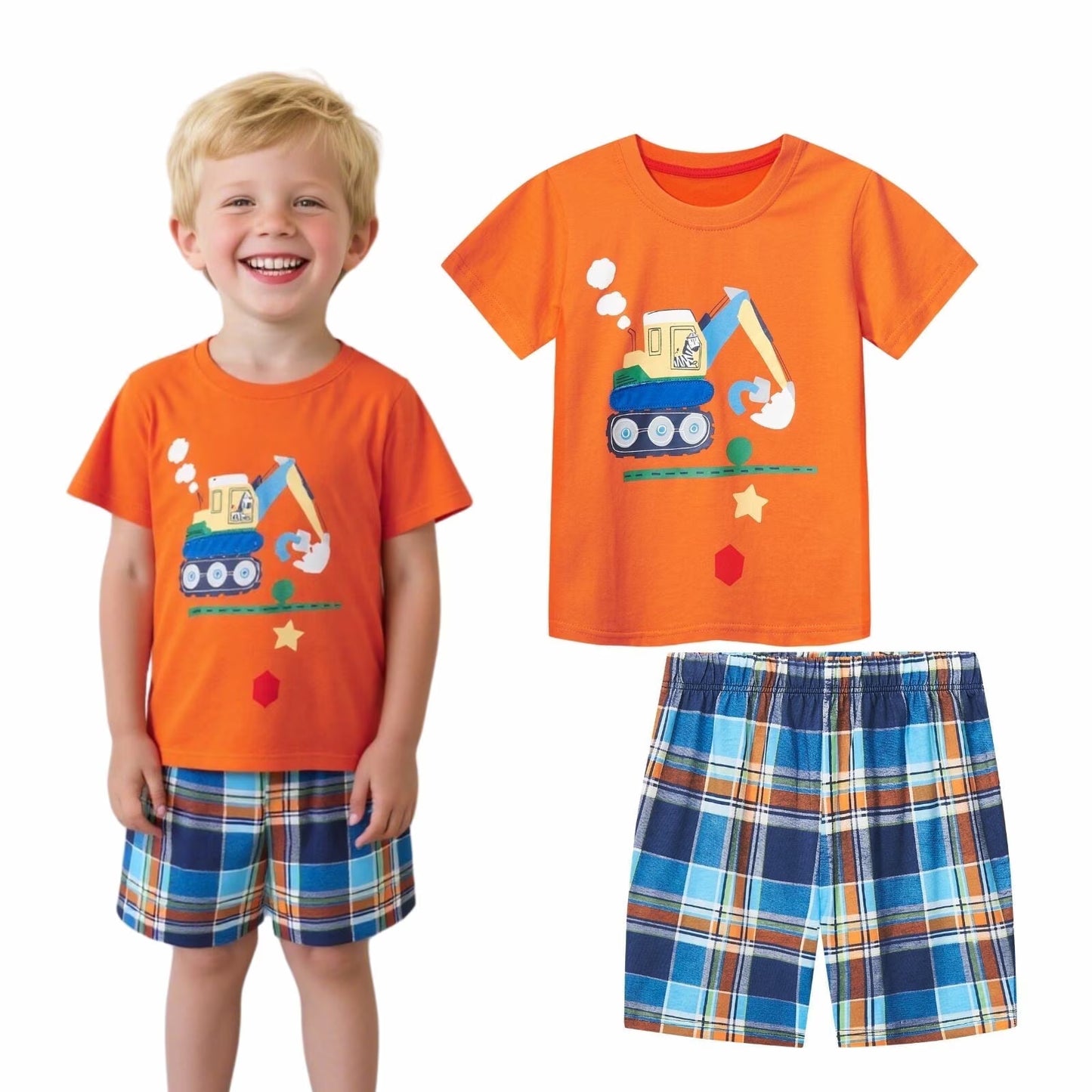 HILEELANG Toddler Boy's Excavator Print Crew Neck T-Shirt Shorts Outfit Set 3Y