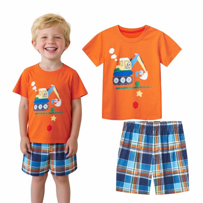HILEELANG Toddler Boy's Excavator Print Crew Neck T-Shirt Shorts Outfit Set 3Y