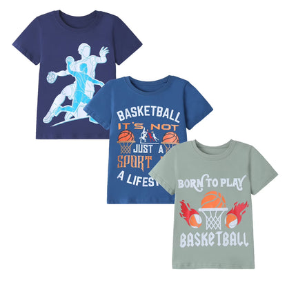 HILEELANG Kids Boys T-Shirts 3 Pack, 100% Cotton Short Sleeve Tees for 6-12Y, Basketball & Soccer Sports Themed Summer Tops for Teen Boys