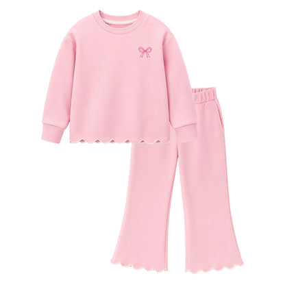 HILEELANG Girls 2-Piece Outfit Set, Bow Embroidered Sweatshirt and Flare Pants with Scalloped Trim, Pink, Ages 3Y