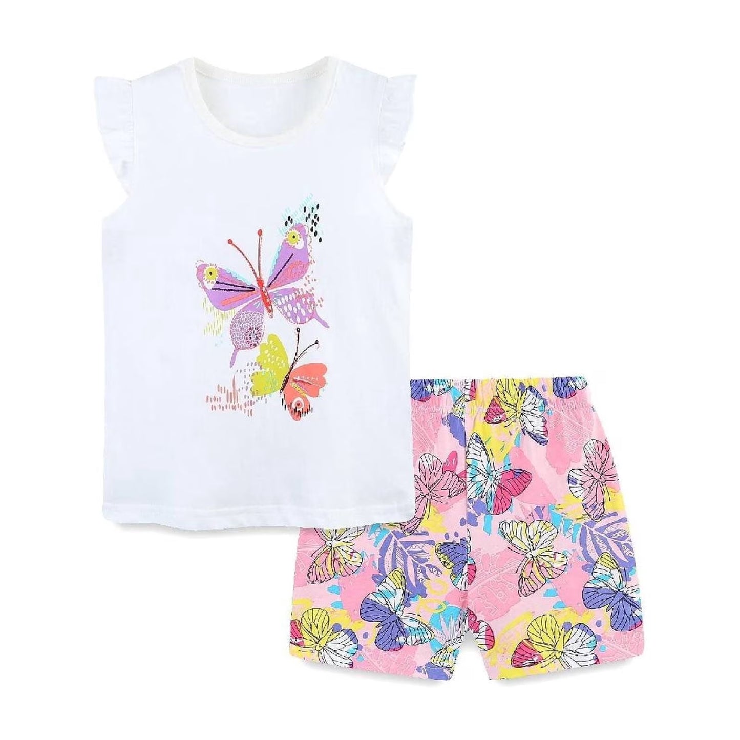 HILEELANG Toddler Girl Summer Short Clothes Sets Outfits Cotton White Butterfly Tee Shirts Shorts Playwear