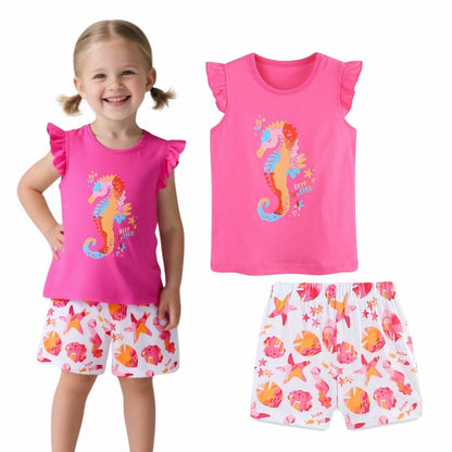 HILEELANG Toddler Girl Summer Short Outfits Cotton CrewNeck Pink Sea Horse Short Sleeve Playwear 2PC