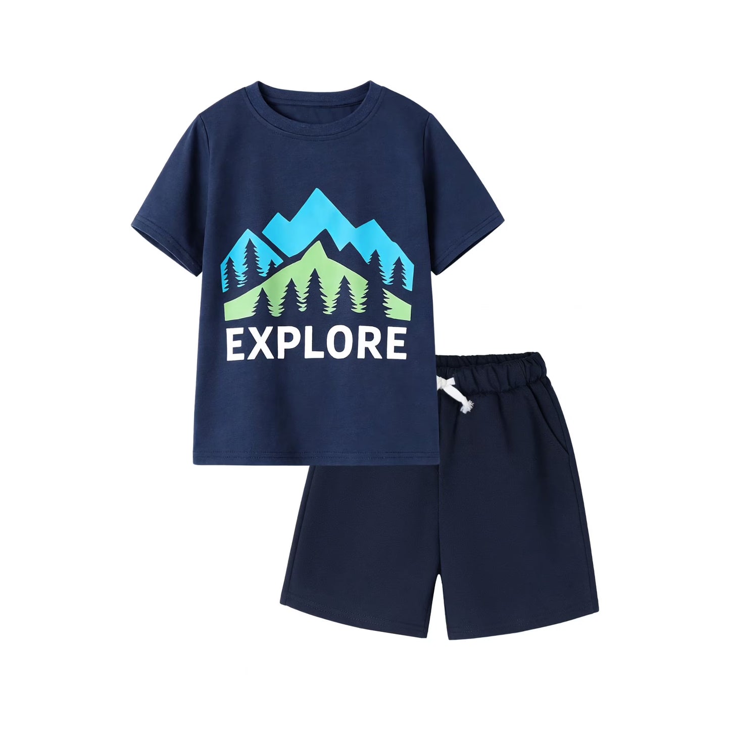 HILEELANG 4-13 Little/Big Boys Navy Explore Mountain Graphic Cotton Blend Tops & Shorts Set