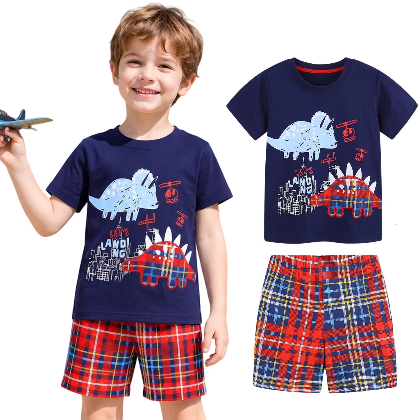 HILEELANG Toddler Boy Summer Short Clothes Sets Outfits Easter Cotton Navy Dinosaur Shirts Shorts Playwear