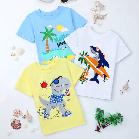 HILEELANG 2-7T Toddler Little Boys 3-Pack T-Shirts Dinosaur Shark Surf Graphic 100% Cotton Short Sleeve Summer Tees Blue Yellow White