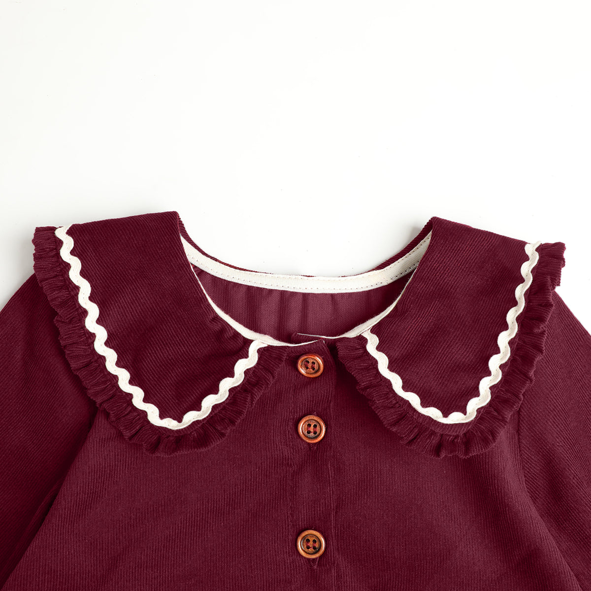 HILEELANG Toddler Girls 100% Cotton Long Sleeve Dress, Ruffle Peter Pan Collar Button Front Casual Dress, Burgundy Red