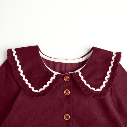 HILEELANG Toddler Girls 100% Cotton Long Sleeve Dress, Ruffle Peter Pan Collar Button Front Casual Dress, Burgundy Red