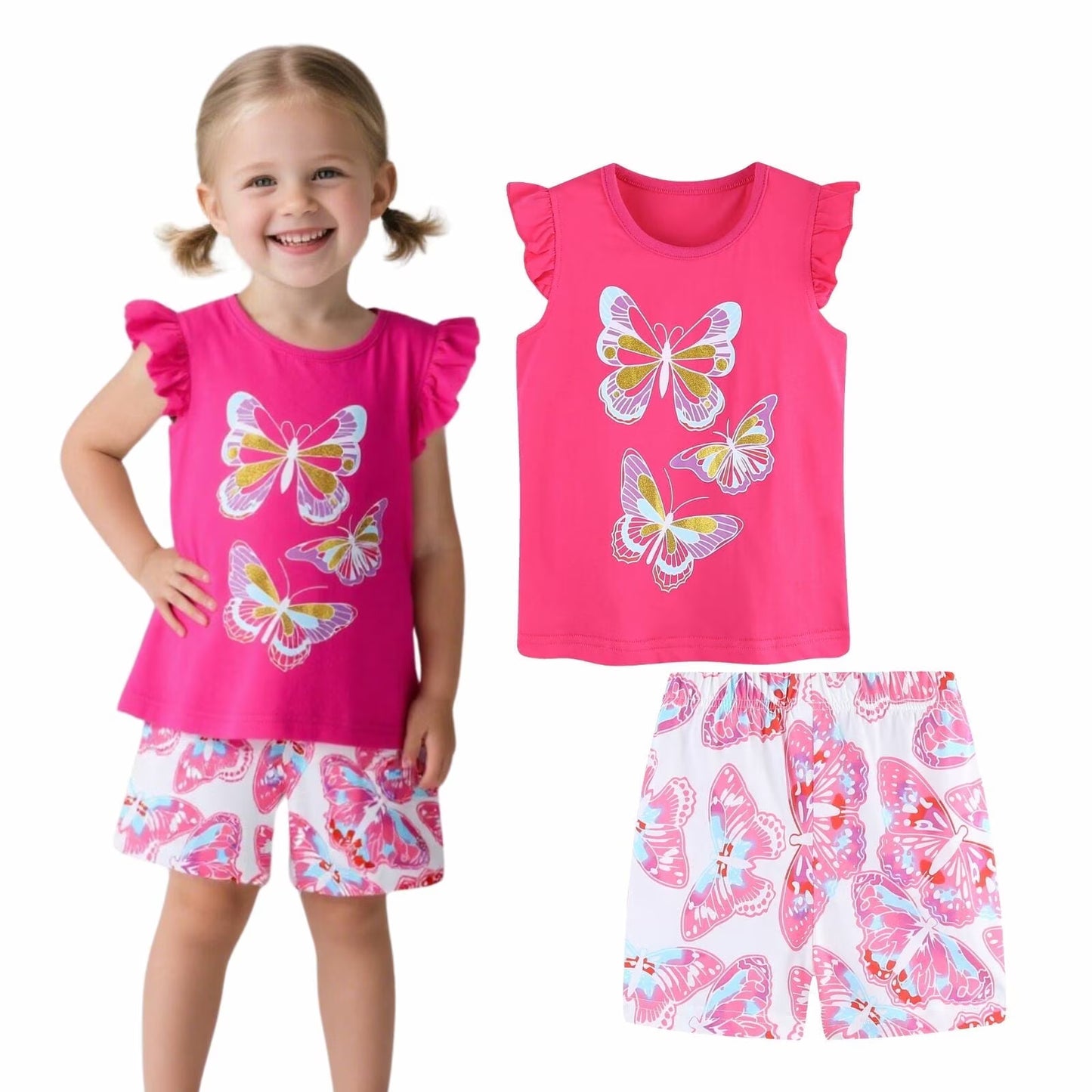HILEELANG Toddler Girl Summer Short Outfits Cotton CrewNeck Pink Butterfly Short Sleeve Playwear 2PC Sets
