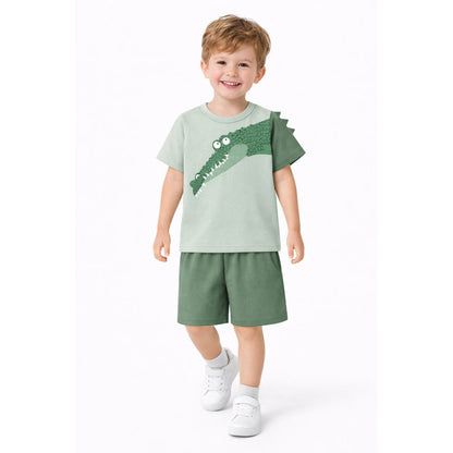 HILEELANG Toddler Boys 100% Cotton 3D Crocodile Short Set