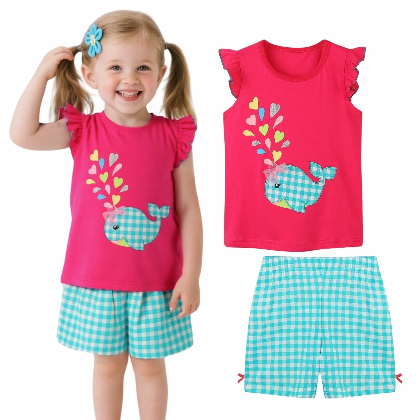 HILEELANG Toddler Girl's Summer Cotton Outfit Set, Ruffle Sleeve Pink Fish Top and Check Shorts