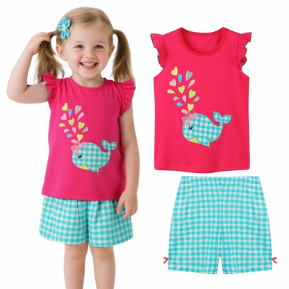 HILEELANG Toddler Girl's Summer Cotton Outfit Set, Ruffle Sleeve Pink Fish Top and Check Shorts