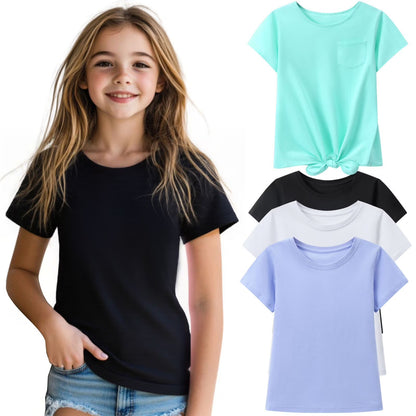 HILEELANG 4-PC Little Girls 5-16Y Black Light Blue White Mint Cotton Short Sleeve Crewneck T Shirt Tee