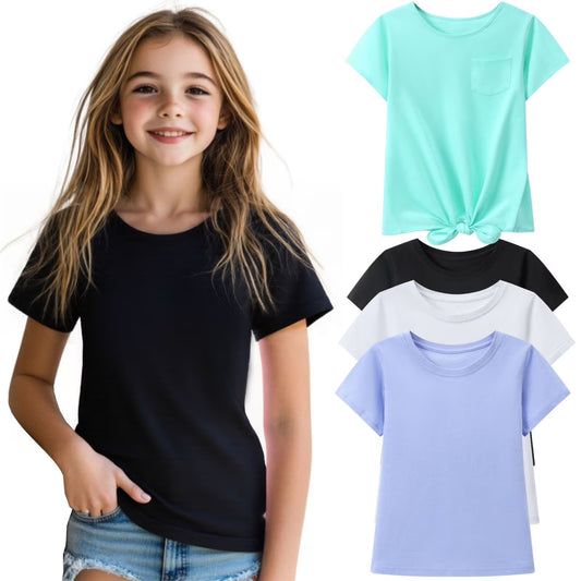 HILEELANG 4-PC Little Girls 5-16Y Black Light Blue White Mint Cotton Short Sleeve Crewneck T Shirt Tee