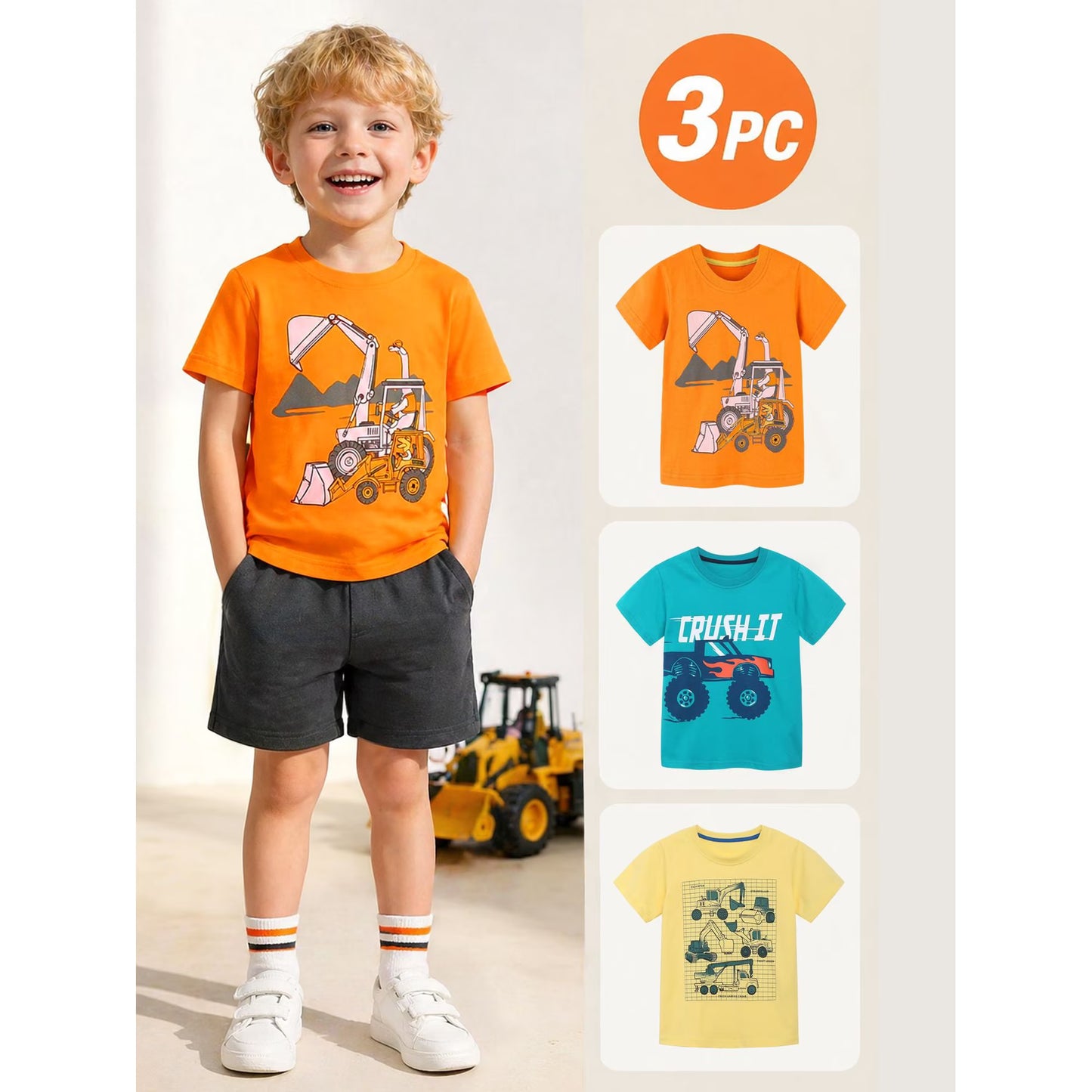 ILEELANG Toddler Boys T-Shirts 3 Pack, 100% Cotton Short Sleeve Tees for Kids 2-7T, Construction Vehicle & Monster Truck Print Summer Tops for Little Boys