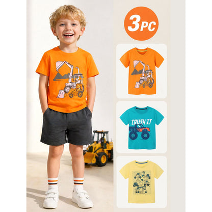 ILEELANG Toddler Boys T-Shirts 3 Pack, 100% Cotton Short Sleeve Tees for Kids 2-7T, Construction Vehicle & Monster Truck Print Summer Tops for Little Boys