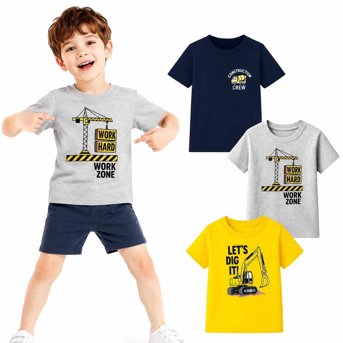HILEELANG 2-7T Toddler/Little Boys Yellow/Grey/Navy Construction Trucks 100% Cotton T-Shirt 3-Pack