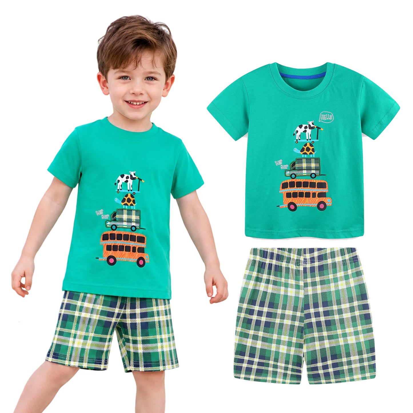 HILEELANG Toddler Boy Summer Short Clothes Sets Outfits Easter Cotton Green Bus Tee Shirts Shorts Playwear 3T