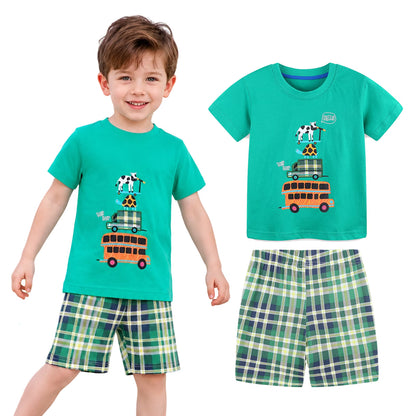 HILEELANG Toddler Boy Summer Short Clothes Sets Outfits Easter Cotton Green Bus Tee Shirts Shorts Playwear 3T