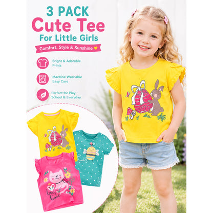 HILEELANG Toddler Girls' Short Sleeve Tee Shirt Cotton Casual Crewneck Cat Rabbit Bee Graphic Tops T-Shirts Pink Yellow Green 3 Packs