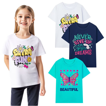 HILEELANG Little Girls' Short Sleeve Tee Shirt Cotton Casual Crewneck Butterfly Graphic Tops T-Shirts Black White Green 3 Packs
