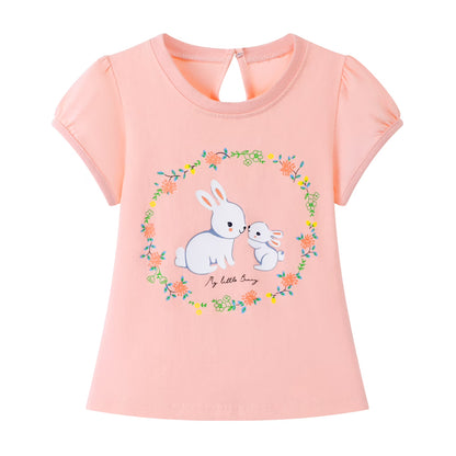 HILEELANG Toddler Girl Easter T-Shirt Leggings Outfit Set Summer Cotton Pink White Bunny Rabbit Ruffle Short Clothing Sets