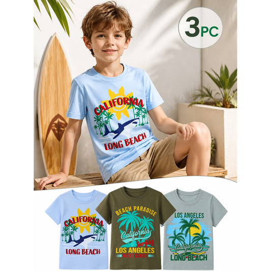 HILEELANG Kids Boys T-Shirts 3 Pack, 100% Cotton Short Sleeve Tees for 6-12Y, California Beach Surf Themed Summer Tops for Teen Boys