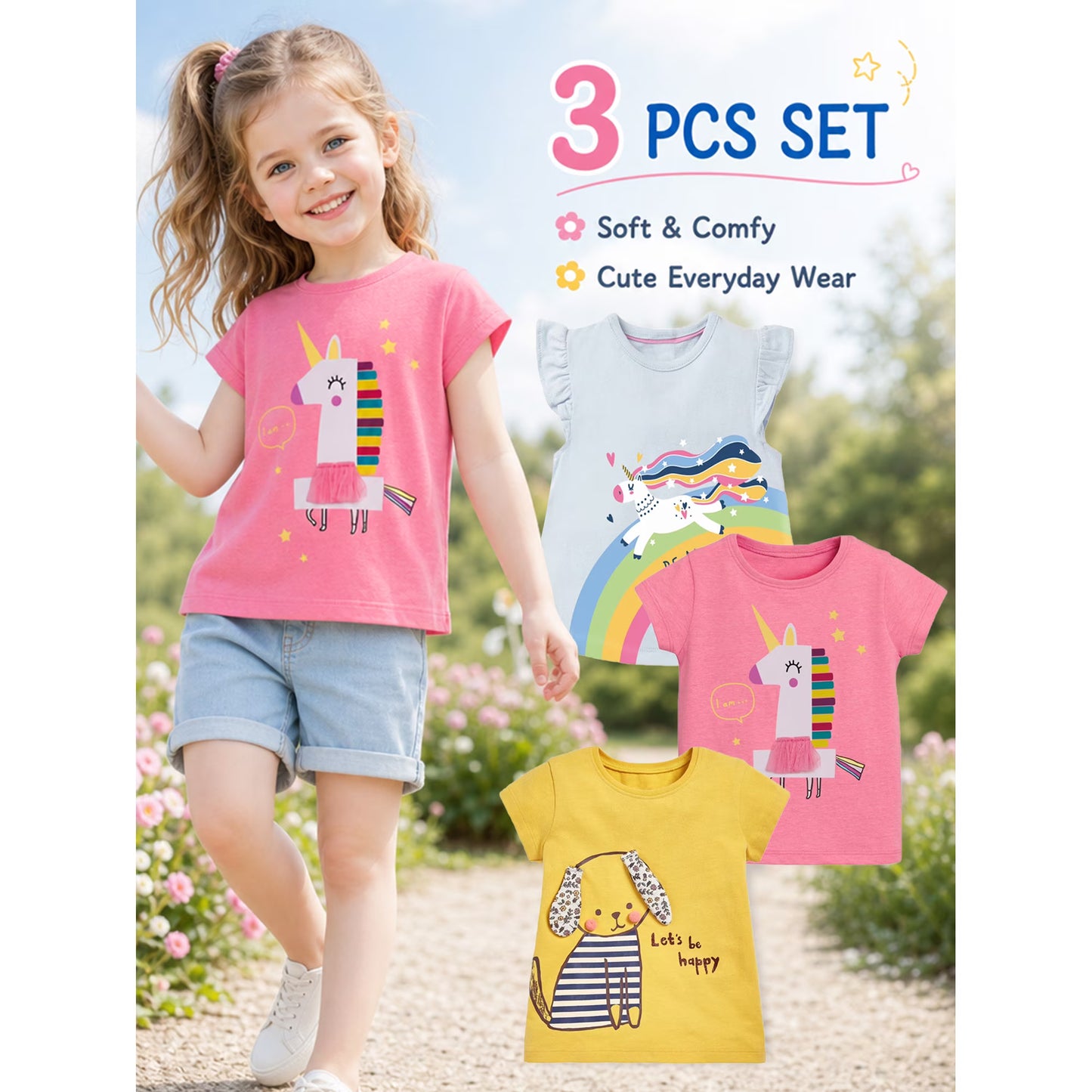 HILEELANG Toddler Girl Cotton Crewneck Tee, Short Sleeve Unicorn Puppy Graphic T-Shirts, Pink/Yellow/Blue, 3-Pack