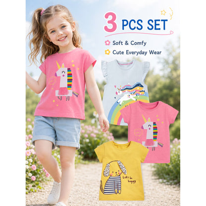 HILEELANG Toddler Girl Cotton Crewneck Tee, Short Sleeve Unicorn Puppy Graphic T-Shirts, Pink/Yellow/Blue, 3-Pack