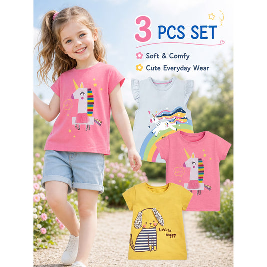 HILEELANG Toddler Girl Cotton Crewneck Tee, Short Sleeve Unicorn Puppy Graphic T-Shirts, Pink/Yellow/Blue, 3-Pack