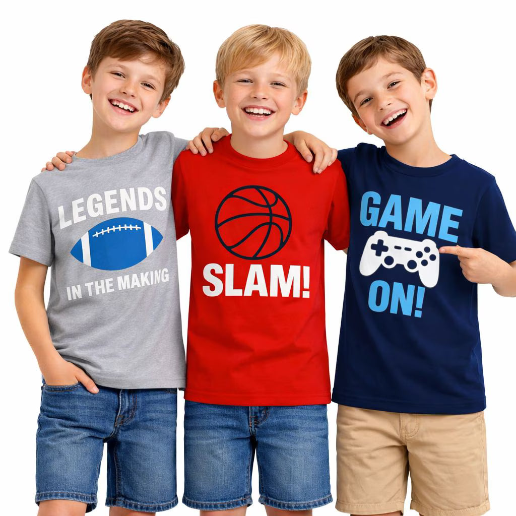 HILEELANG 4-13 Little/Big Boys Red/Navy/Gray Sports Action Graphic 100% Cotton 3-Pack Short Sleeve T-Shirt