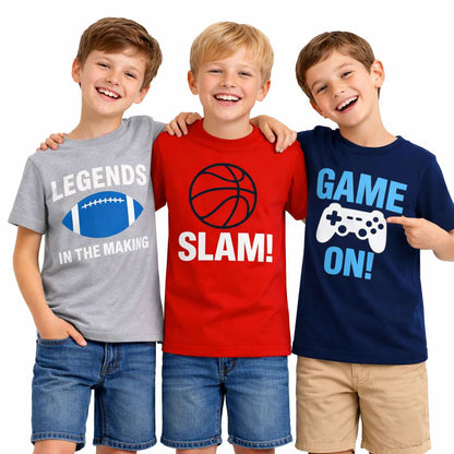 HILEELANG 4-13 Little/Big Boys Red/Navy/Gray Sports Action Graphic 100% Cotton 3-Pack Short Sleeve T-Shirt