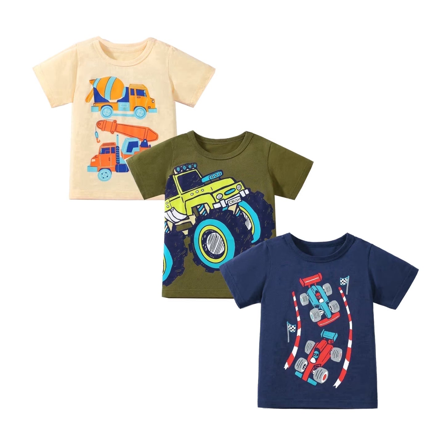 HILEELANG 2-7T Toddler Little Boys 3-Pack T-Shirts Truck Car Construction Vehicle Graphic 100% Cotton Short Sleeve Summer Tees Blue Green Yellow