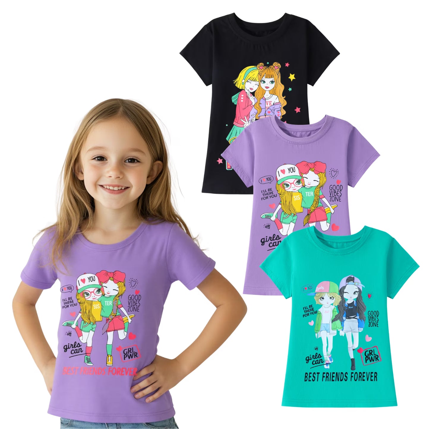 HILEELANG Little Girl Short Sleeve Tees Summer Purple Black Green Girl Cotton Tops Shirts 3 Packs