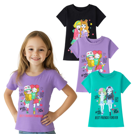 HILEELANG Little Girl Short Sleeve Tees Summer Purple Black Green Girl Cotton Tops Shirts 3 Packs