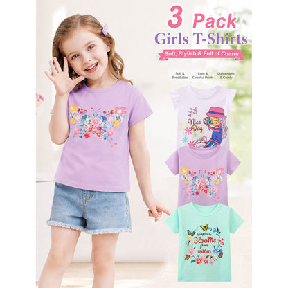 HILEELANG Big Kids Girls' Short Sleeve Tee Cotton Casual Crewneck Easter Butterfly Flowers Graphic Tops T-Shirts Purple Green 3 Packs Sets 10Years