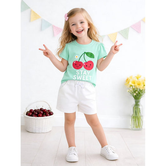 HILEELANG Toddler Girls 100% Cotton Stay Sweet Cherry Short Set