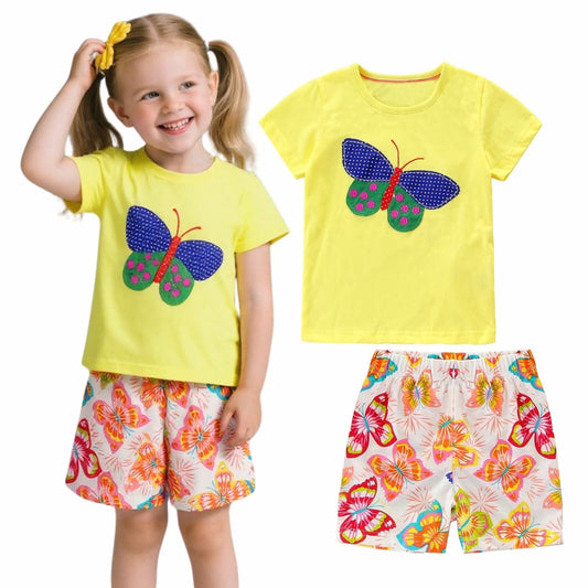 HILEELANG Toddler Girl Summer Short Sets Outfits Cotton Casual Yellow Butterfly Short Sleeve Tee Shirts Floral Shorts Fashion Clothing