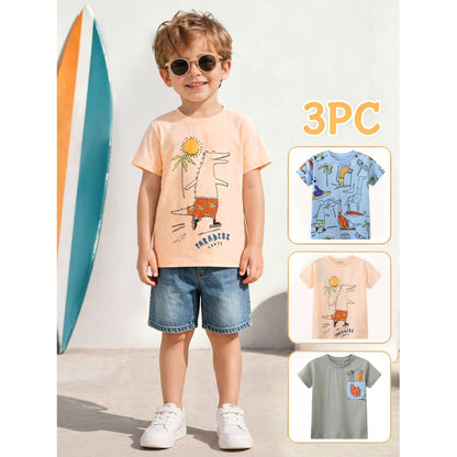 HILEELANG Toddler Boys T-Shirts 3 Pack, 100% Cotton Short Sleeve Tees for Kids 2-7T, Cute Summer Beach Dinosaur/Crocodile Print Casual Tops for Little Boys