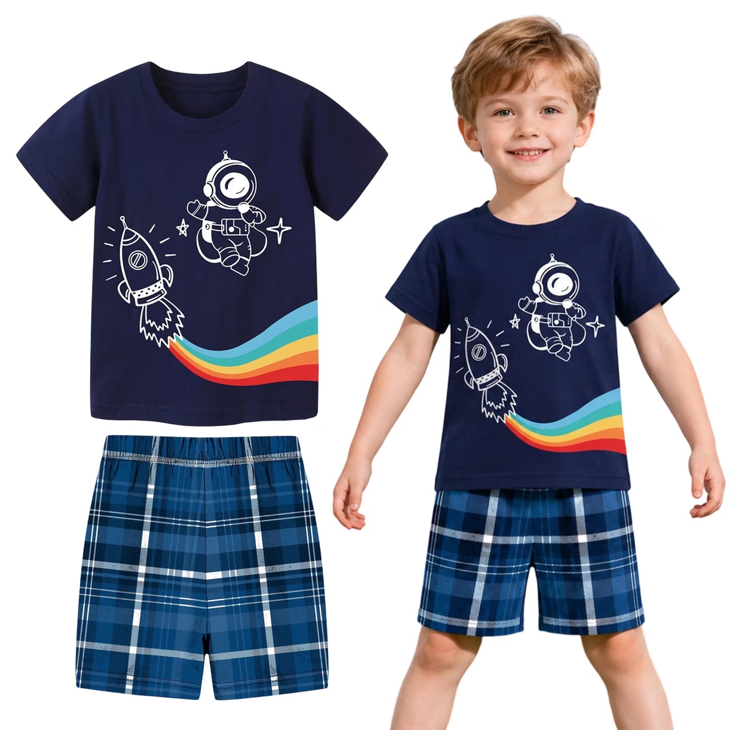 HILEELANG Toddler Boy Summer Short Sets Outfits Cotton CrewNeck Navy Blue Spaceman Short Sleeve Playwear Sets 3T
