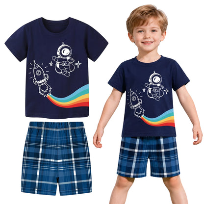 HILEELANG Toddler Boy Summer Short Sets Outfits Cotton CrewNeck Navy Blue Spaceman Short Sleeve Playwear Sets 3T