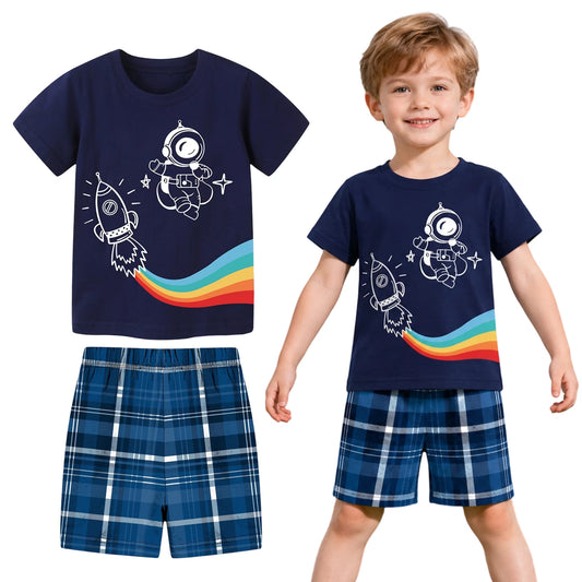 HILEELANG Toddler Boy Summer Short Sets Outfits Cotton CrewNeck Navy Blue Spaceman Short Sleeve Playwear Sets 3T