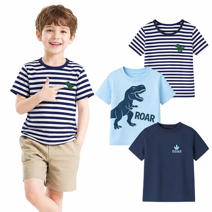 HILEELANG 2-7T Toddler/Little Boys Light Blue/Navy/Stripe Dinosaur ROAR 100% Cotton T-Shirt 3-Pack