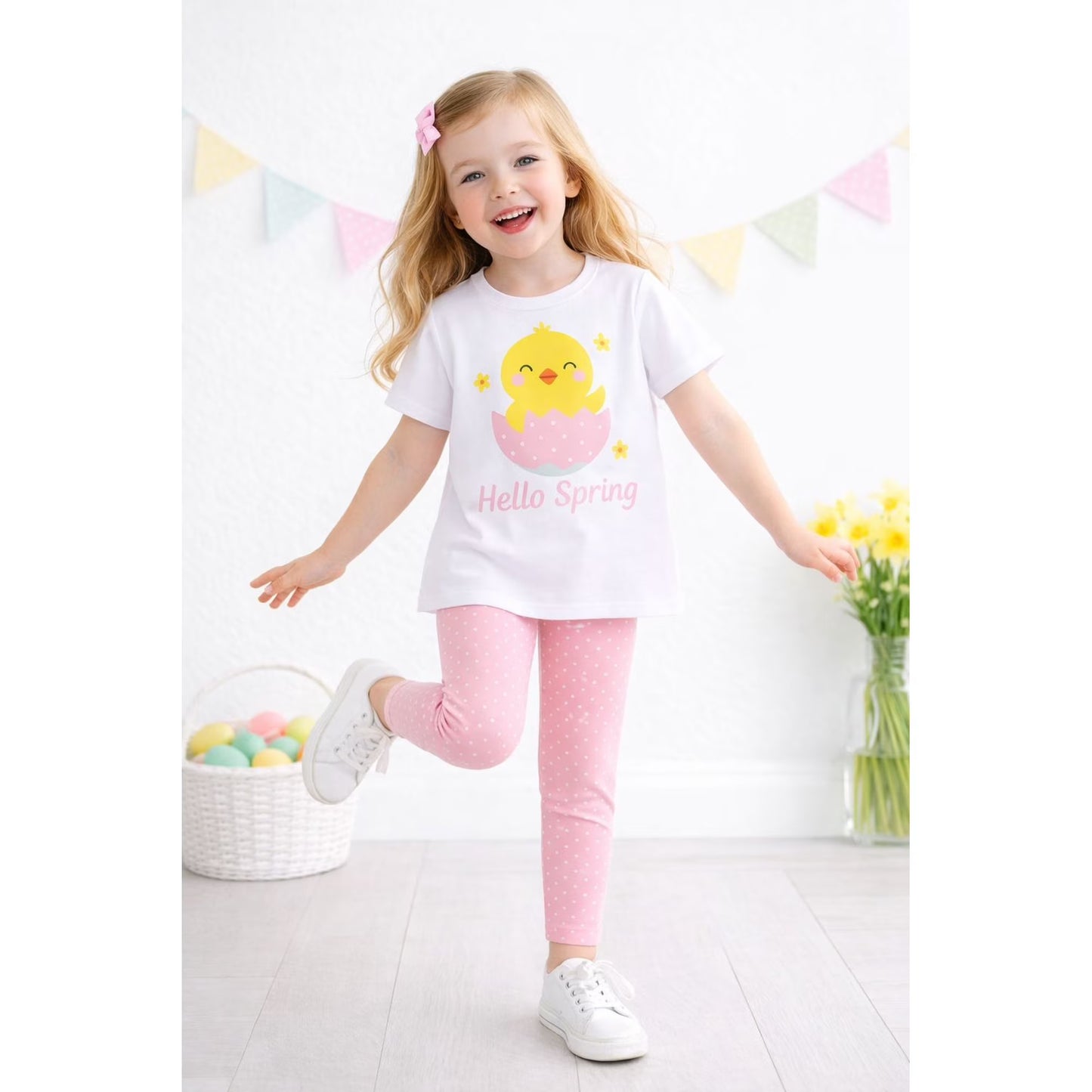 HILEELANG Toddler Girls 100% Cotton Hello Spring Chick Legging Set