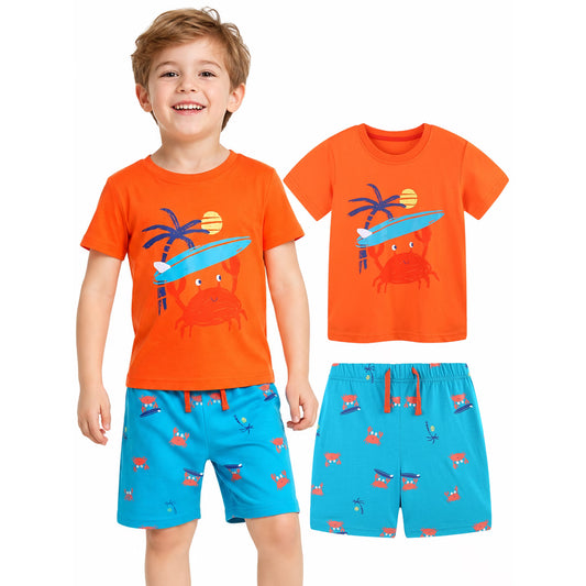 HILEELANG Toddler Boy Summer Short Clothes Sets Outfits Easter Cotton Orange Crab Shirts Shorts Playwear