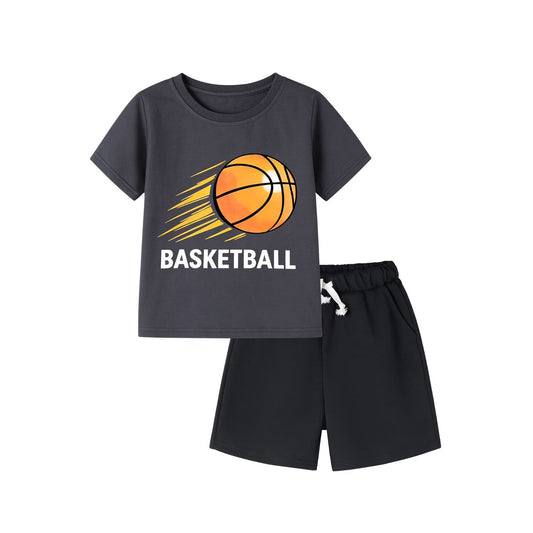 HILEELANG 4-13 Little/Big Boys Charcoal Basketball Graphic Cotton Blend Tops & Shorts Set