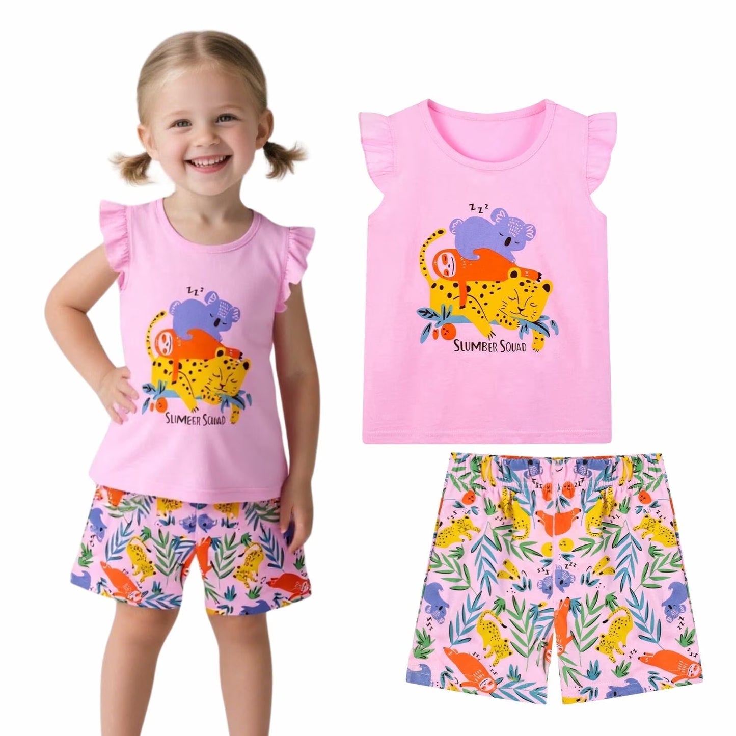 HILEELANG Toddler Girl Summer Short Outfits Cotton CrewNeck Pink Animals Short Sleeve Playwear 2PC Sets