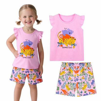 HILEELANG Toddler Girl Summer Short Outfits Cotton CrewNeck Pink Animals Short Sleeve Playwear 2PC Sets